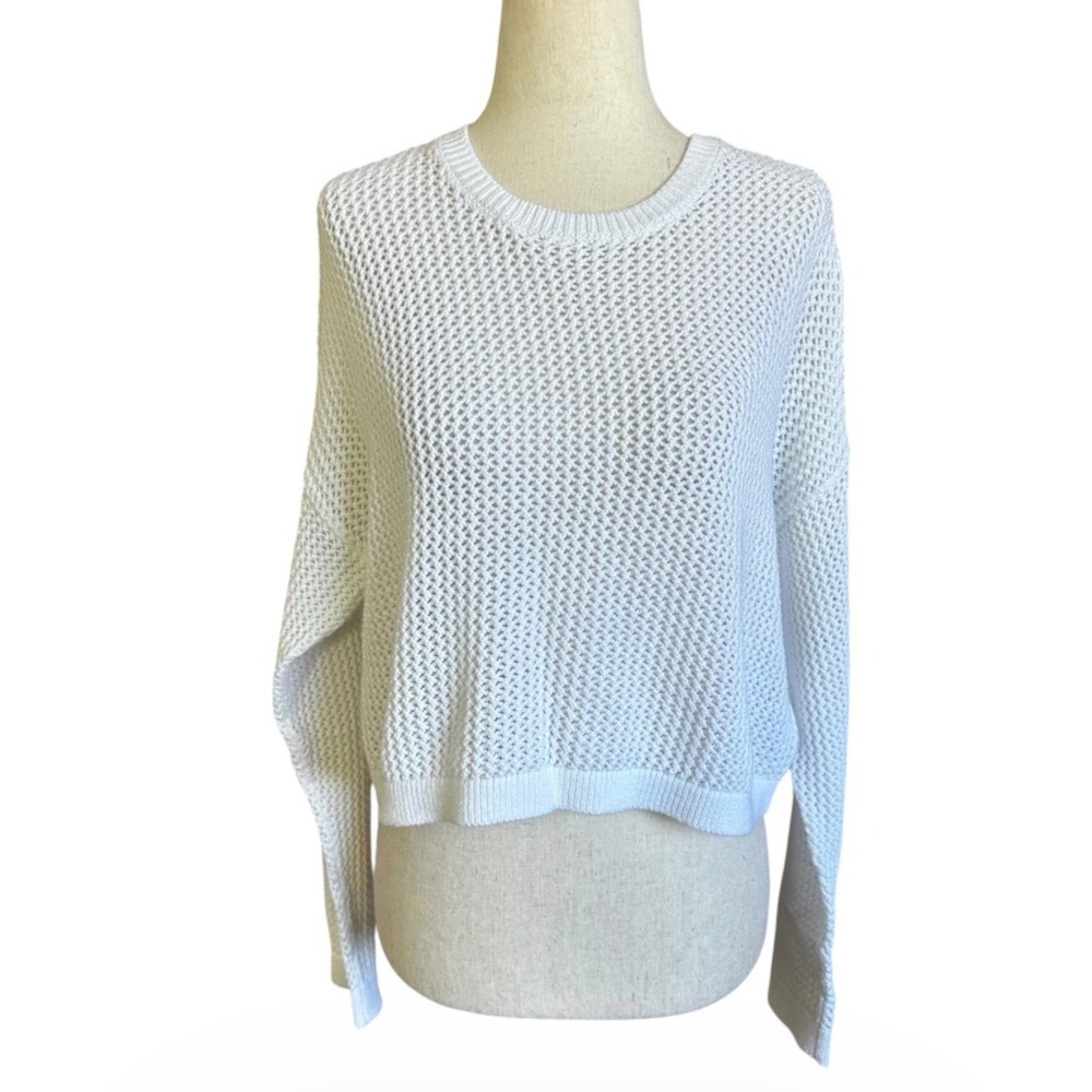 Hollister Womens White Open Knit Cropped Sweater Small Cotton Crew Neck | 0124